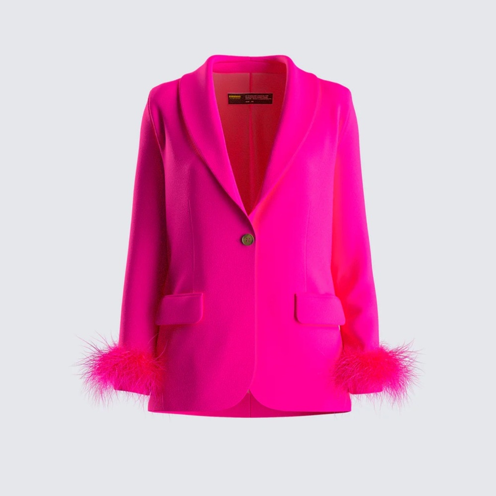 Pink blazer with feather cuffs